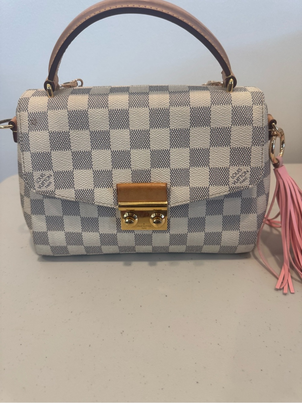 Louis Vuitton Damier Azur Satchel with Pink Tassel and Gold Hardware